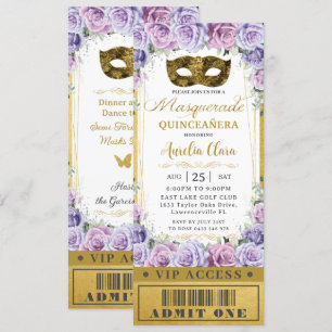 Invitation Billet Mascarade Floral Lilac Quinceañera