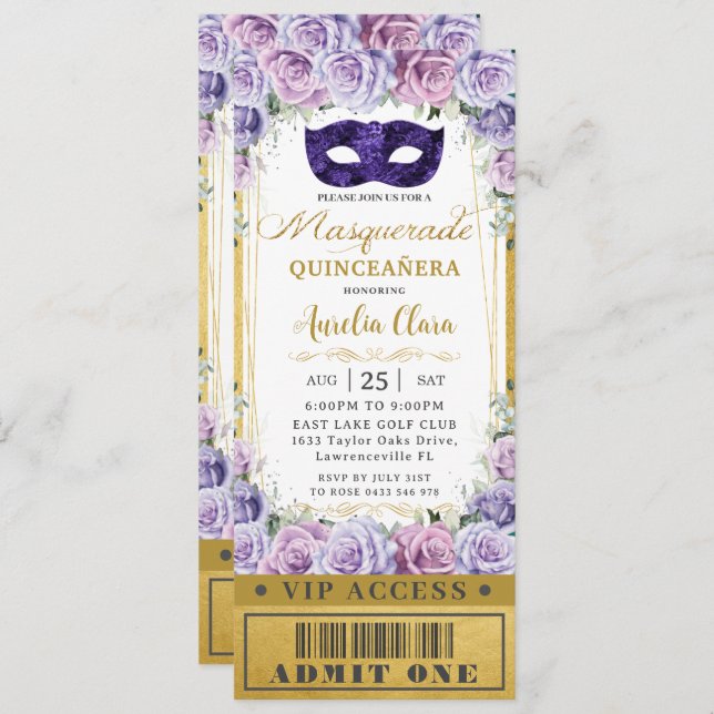 Invitation Billet Mascarade Floral Lilac Quinceañera (Devant / Derrière)