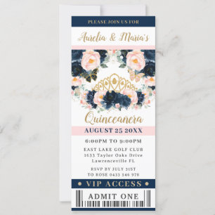 Invitation Billet Navy Blue Blush Rose Floral Quinceañera VIP