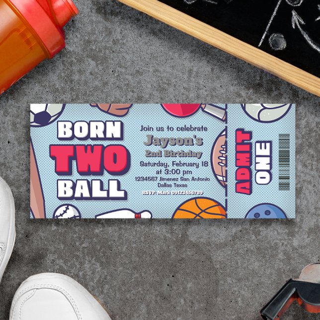 Invitation Billet Né Bal Deux - Billet Garçon 2e Anniversaire (Born Two Ball - 2nd Birthday Boy Ticket Invitation - Sports Themed)
