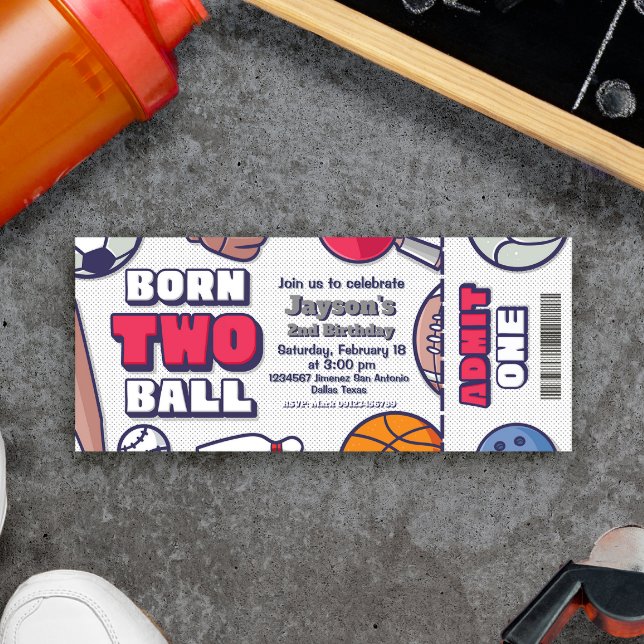 Invitation Billet Né Bal Deux - Billet Garçon 2e Anniversaire (Born Two Ball - 2nd Birthday Boy Ticket Invitation)