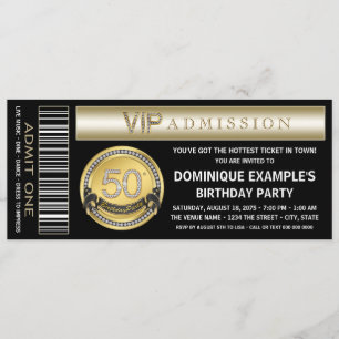 Invitation Billet noir et or pour fête d'anniversaire 50 ans