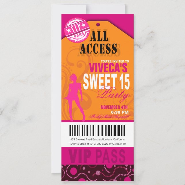 Invitation Billet orange, rose et Fuschia VIP Sweet 15 (Devant)