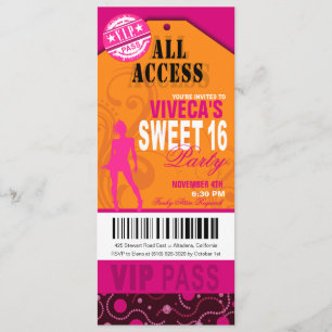 Invitation Billet orange, rose et Fuschia VIP Sweet 16