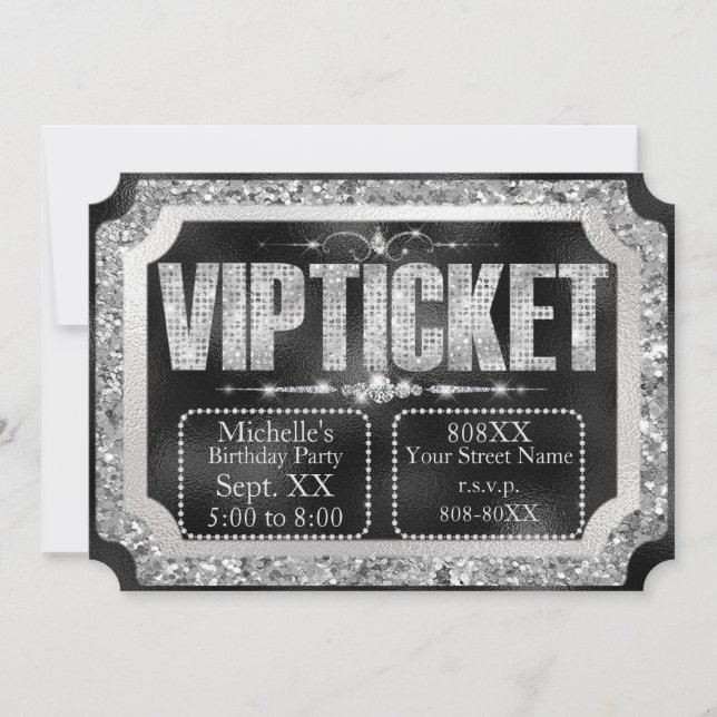 Invitation Billet pailleté noir et argent et diamants (Devant)