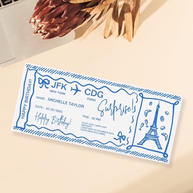 Invitation Billet Paris Surprise Boarding Pass (unique blue handdrawn paris boaRDING PASS)