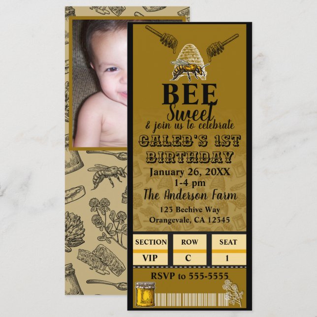 Invitation Billet photo de fête d'anniversaire de la ruche d' (Devant / Derrière)
