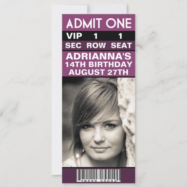 Invitation Billet photo VIP Plum Purple Anniversaire (Devant)