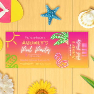 Invitation Billet Piscine Party Pink Neon