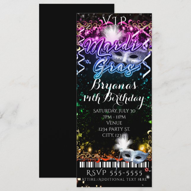Invitation Billet pour la fête d'anniversaire VIP Mardi Gras  (Devant / Derrière)