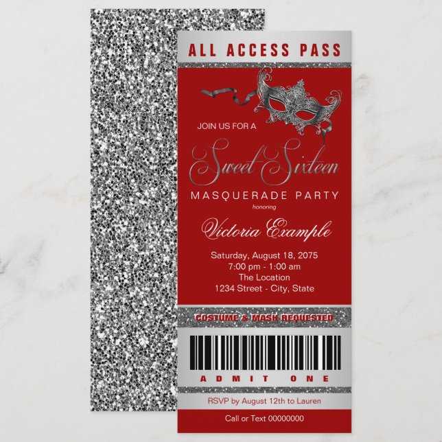 Invitation Billet pour la fête masquée Red Silver Sweet 16 (Devant / Derrière)