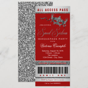 Invitation Billet pour la fête masquée Red Silver Sweet 16