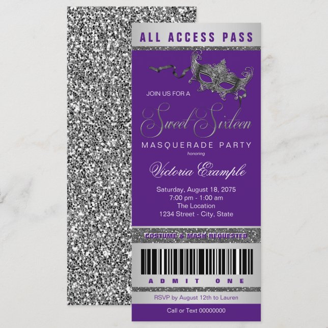 Invitation Billet pour la fête masquée Sweet 16 argent pourpr (Devant / Derrière)