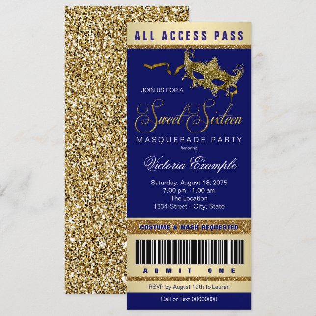 Invitation Billet pour la fête masquée Sweet 16 Blue Gold (Devant / Derrière)