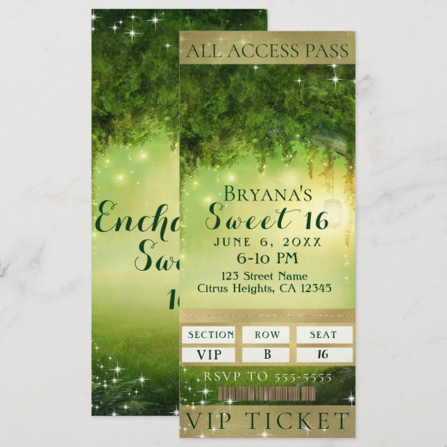 Invitation Billet pour la fête VIP Sweet 16 de la forêt verte (Devant / Derrière)