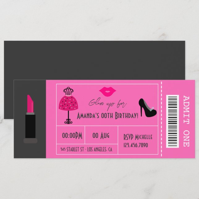 Invitation Billet pour la soirée de la fête de mode Glam pour (Devant / Derrière)