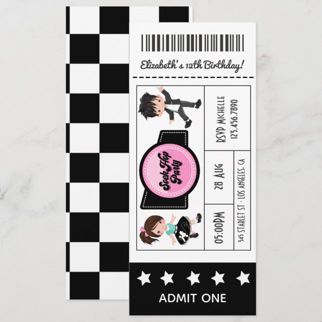 Invitation Billet pour la soirée Sock Hop (Devant / Derrière)