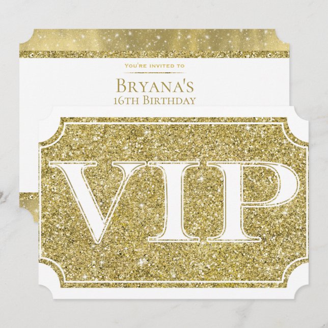 Invitation Billet pour la soirée VIP Glitter Glam Blanc & Or (Devant / Derrière)