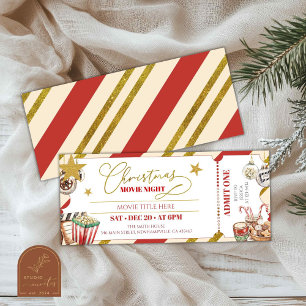 Invitation Billet pour une soirée cinéma de Noël en or