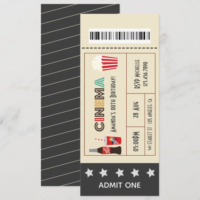 Invitation Billet pour une soirée cinéma rétro d'anniversaire (Devant / Derrière)