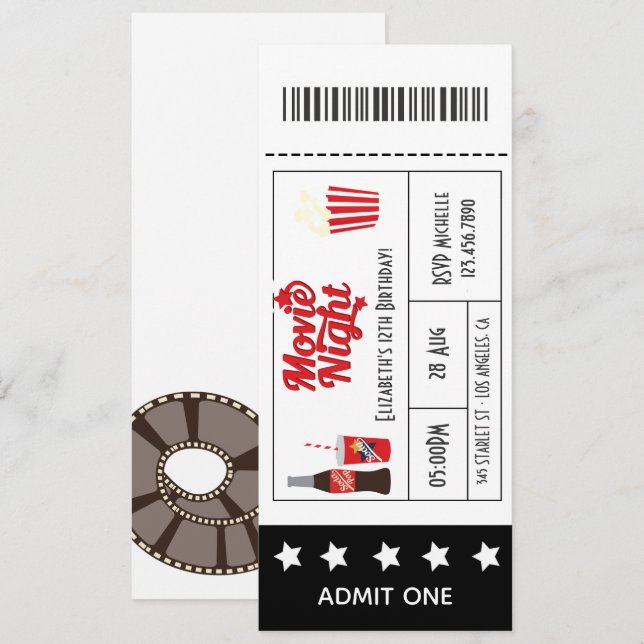 Invitation Billet pour une soirée cinéma rétro d'anniversaire (Devant / Derrière)
