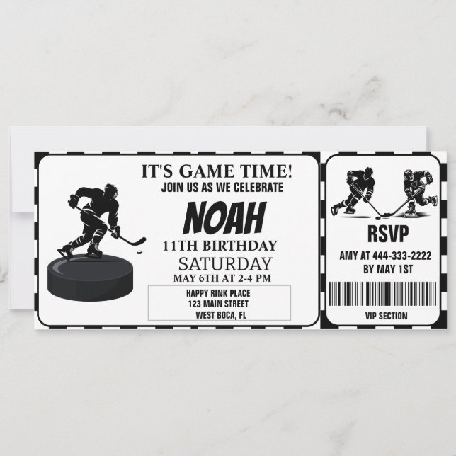 Invitation Billet Rétro de hockey sur glace noir et blanc (Devant)