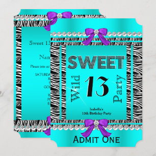 Invitation Billet Rose 13 Fête Amusante Zèbre Bleu Sarcelle V