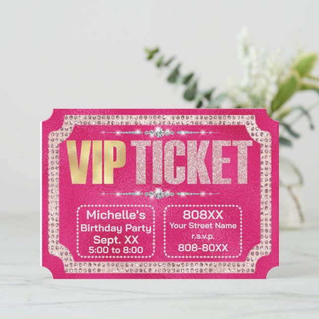 Invitation Billet Rose Chaud et Diamants Dorés avec Paillette (Debout devant)