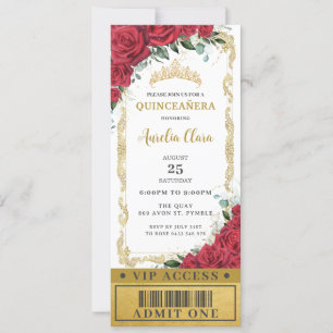 Invitation Billet Rose Floral Rouge Quinceañera Sweet 16 VIP