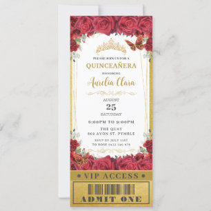 Invitation Billet Rose Floral Rouge Quinceañera Sweet 16 VIP