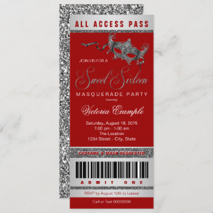 Invitation Billet Rouge Silver Sweet 16 Masquerade Party