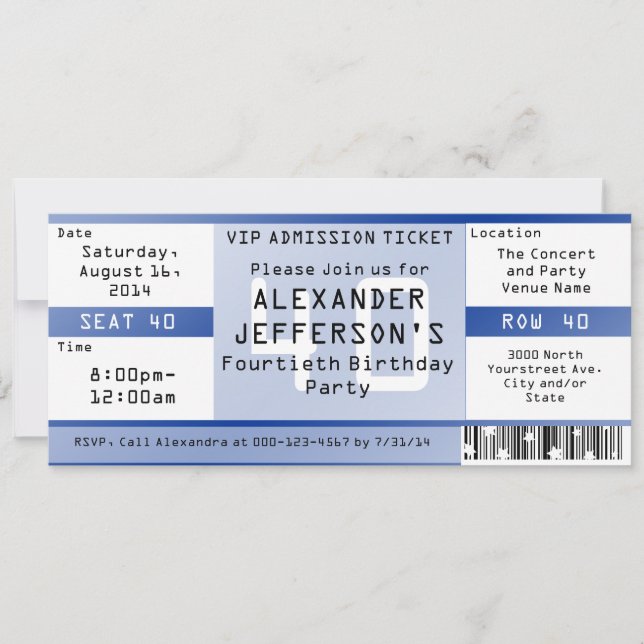 Invitation Billet Royal Blue 40th Birthday Party (Devant)