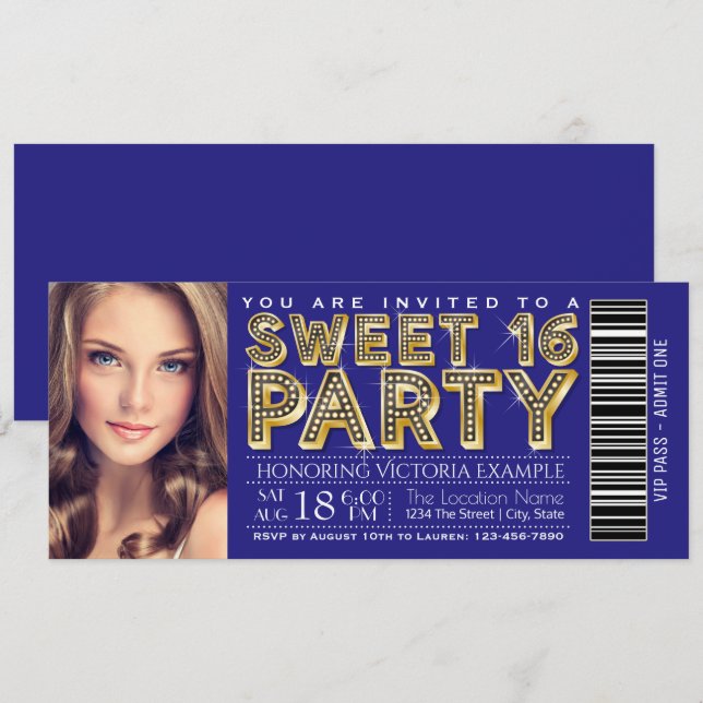 Invitation Billet Royal Blue et Gold Sweet 16 (Devant / Derrière)