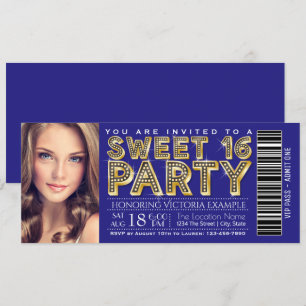 Invitation Billet Royal Blue et Gold Sweet 16