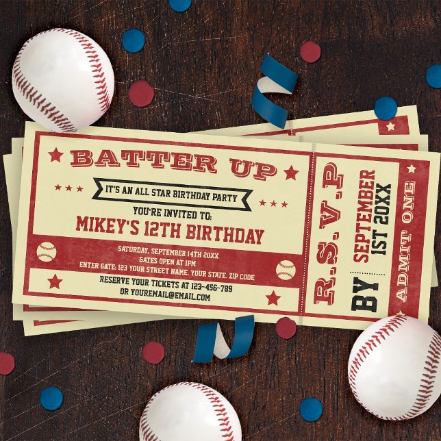 Invitation Billet vintage Baseball Thème Anniversaire Invitat (Créateur téléchargé)