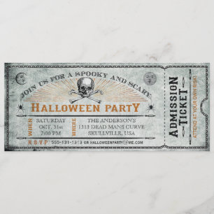 Invitation Billet vintage de partie de Halloween de crâne et