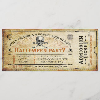 Invitation Billet vintage de partie de Halloween de crâne et