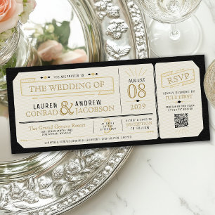 Invitation Billet Vintage Élégant Mariage Noir & Or Rétro