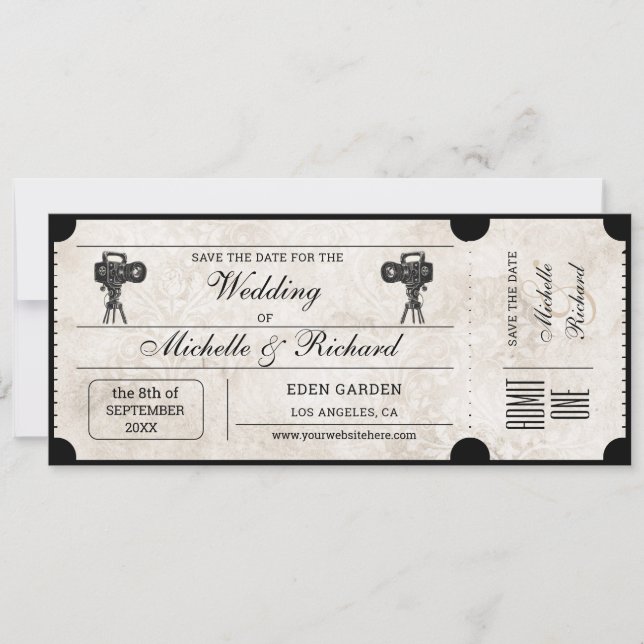 Invitation Billet vintage Rustic Movie Enregistrer la date (Devant)