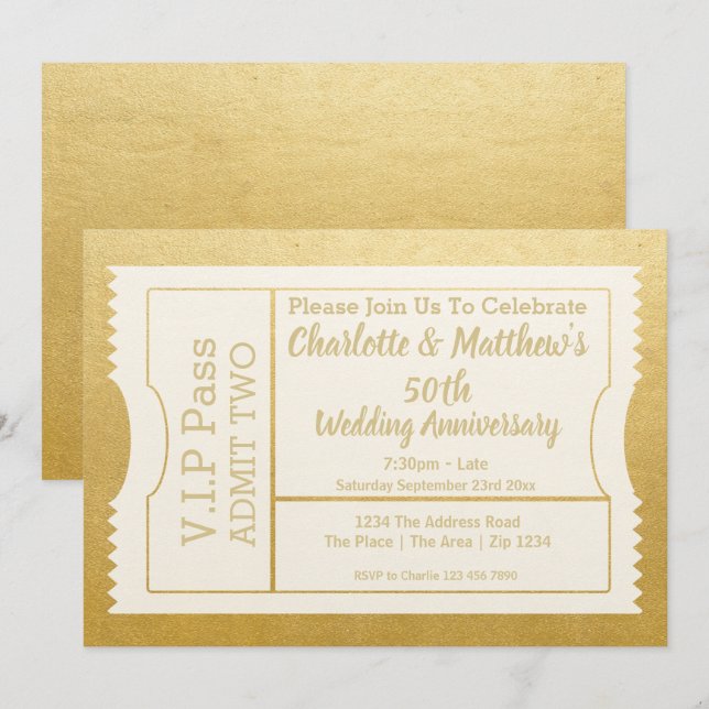 Invitation Billet VIP 50e anniversaire Faux Or (Devant / Derrière)