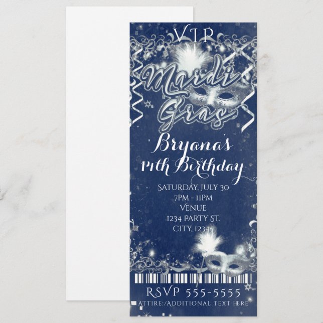 Invitation Billet VIP d'anniversaire Mardi Gras Bleu et Blanc (Devant / Derrière)