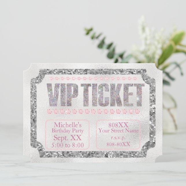Invitation Billet VIP en argent et diamants roses (Debout devant)