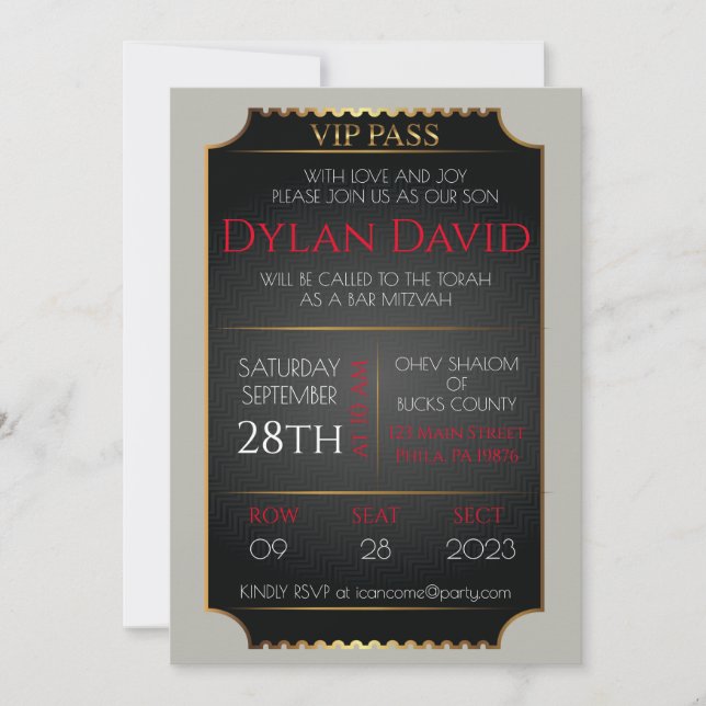Invitation BILLET VIP en Bar Mitzvah Black and Gold (Devant)