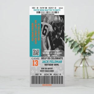 Invitation Billet VIP Football Aqua Blue & Orange Birthday