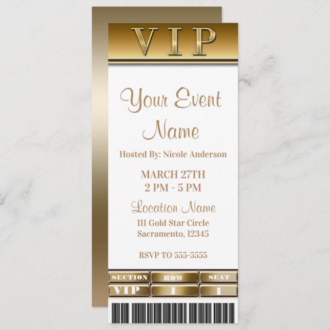 Invitation Billet VIP Gold & White Elegant Dîner Party (Devant / Derrière)