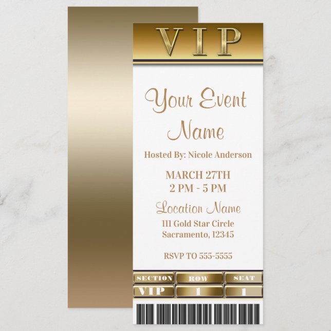 Invitation Billet VIP Gold & White Soirée élégante de dîner (Devant / Derrière)