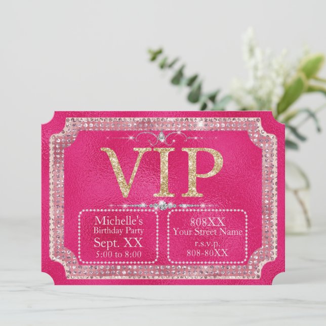Invitation Billet VIP Hot Rose & Gold Parties scintillant (Debout devant)