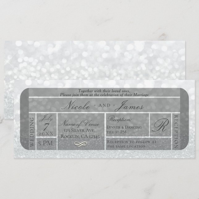 Invitation Billet VIP Mariage Paillettes Étincelantes Blanc A (Devant / Derrière)