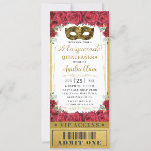 Invitation Billet VIP Masquerade Rose Quinceañera Floral Roug