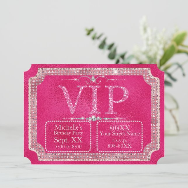 Invitation Billet VIP Pailleté Rose Chaud et Diamants (Debout devant)